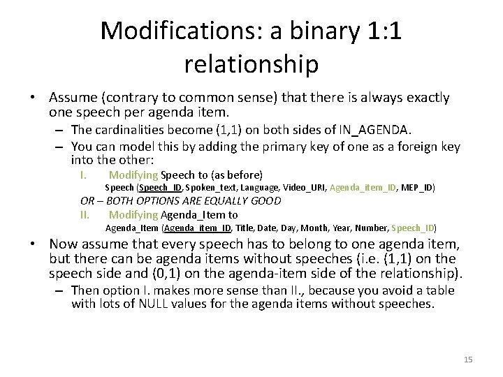 Modifications: a binary 1: 1 relationship • Assume (contrary to common sense) that there