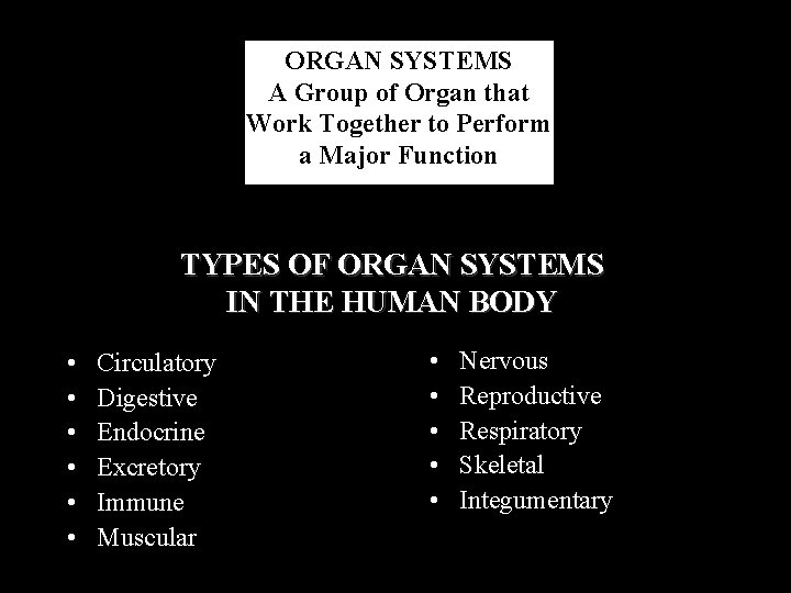 ORGAN SYSTEMS A Group of Organ that Work Together to Perform a Major Function