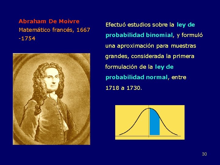 Abraham De Moivre Matemático francés, 1667 -1754 Efectuó estudios sobre la ley de probabilidad