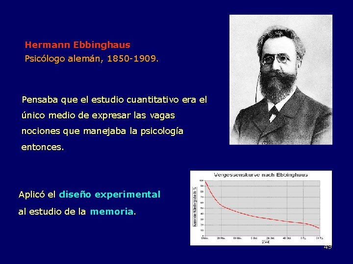 Hermann Ebbinghaus Psicólogo alemán, 1850 -1909. Pensaba que el estudio cuantitativo era el único