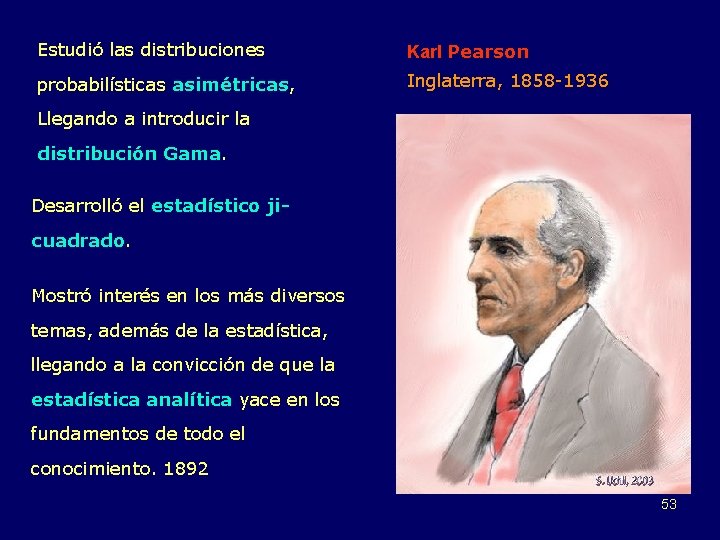 Estudió las distribuciones Karl Pearson probabilísticas asimétricas, Inglaterra, 1858 -1936 Llegando a introducir la