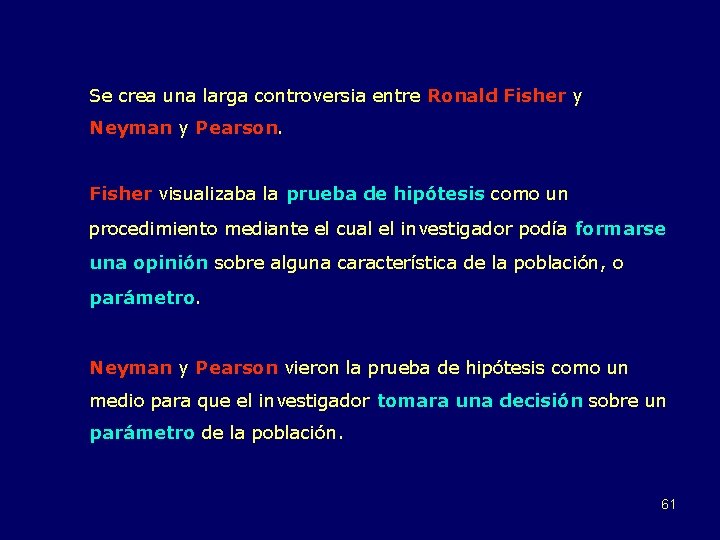 Se crea una larga controversia entre Ronald Fisher y Neyman y Pearson. Fisher visualizaba