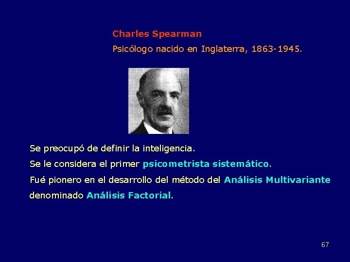 Charles Spearman Psicólogo nacido en Inglaterra, 1863 -1945. Se preocupó de definir la inteligencia.