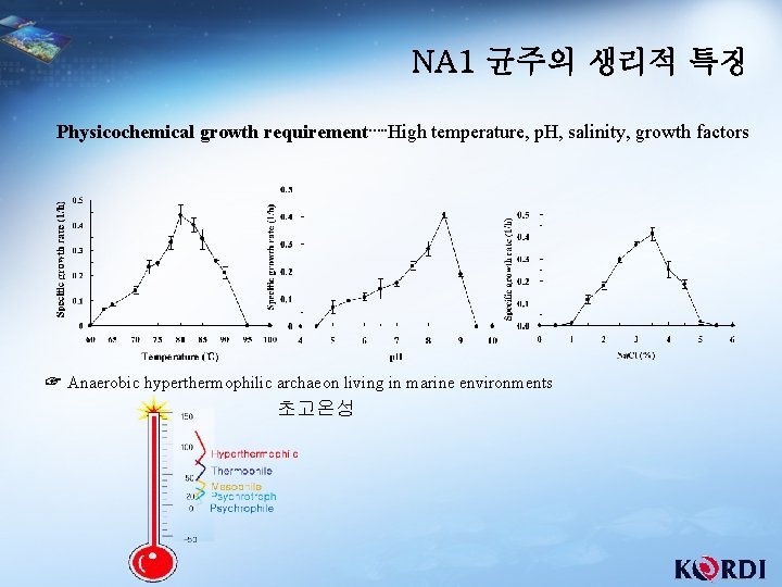 NA 1 균주의 생리적 특징 Physicochemical growth requirement…. . High temperature, p. H, salinity,