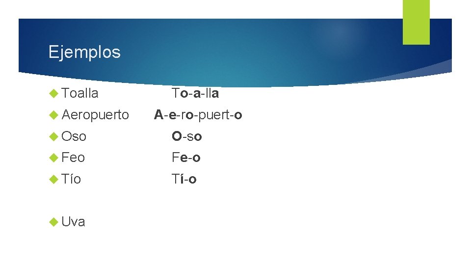 Ejemplos Toalla Aeropuerto To-a-lla A-e-ro-puert-o Oso O-so Feo Fe-o Tío Tí-o Uva 