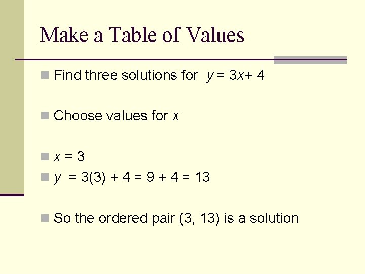 Make a Table of Values n Find three solutions for y = 3 x+
