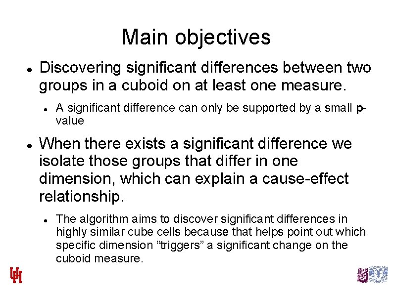 Main objectives Discovering significant differences between two groups in a cuboid on at least