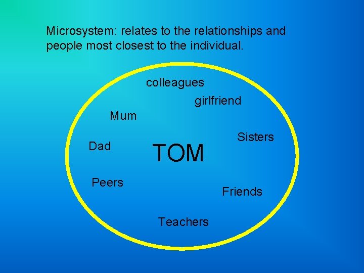Microsystem: relates to the relationships and people most closest to the individual. colleagues girlfriend