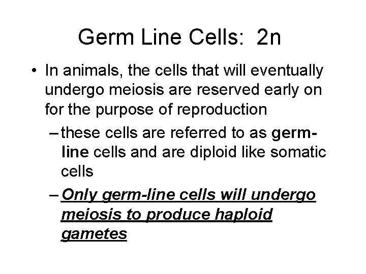 Germ Line Cells: 2 n • In animals, the cells that will eventually undergo