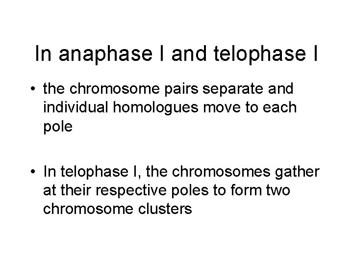 In anaphase I and telophase I • the chromosome pairs separate and individual homologues