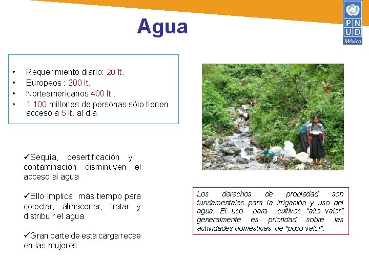 Agua • • Requerimiento diario: 20 lt. Europeos : 200 lt. Norteamericanos 400 lt.