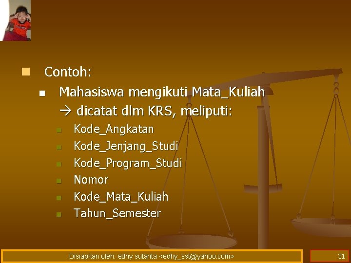 n Contoh: n Mahasiswa mengikuti Mata_Kuliah dicatat dlm KRS, meliputi: n n n Kode_Angkatan n Contoh: n Mahasiswa mengikuti Mata_Kuliah dicatat dlm KRS, meliputi: n n n Kode_Angkatan