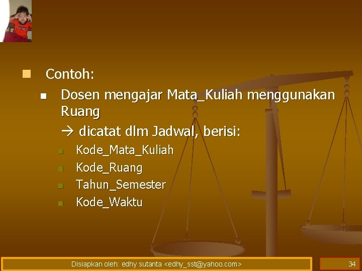 n Contoh: n Dosen mengajar Mata_Kuliah menggunakan Ruang dicatat dlm Jadwal, berisi: n n n Contoh: n Dosen mengajar Mata_Kuliah menggunakan Ruang dicatat dlm Jadwal, berisi: n n