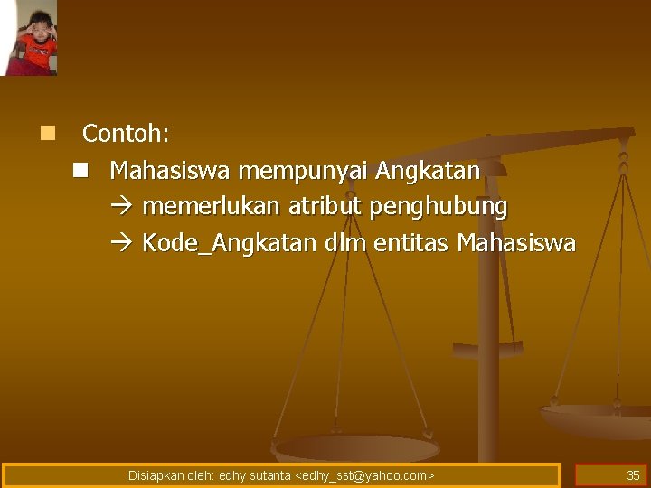 n Contoh: n Mahasiswa mempunyai Angkatan memerlukan atribut penghubung Kode_Angkatan dlm entitas Mahasiswa Disiapkan n Contoh: n Mahasiswa mempunyai Angkatan memerlukan atribut penghubung Kode_Angkatan dlm entitas Mahasiswa Disiapkan
