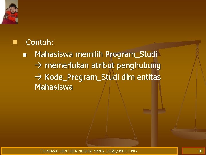 n Contoh: n Mahasiswa memilih Program_Studi memerlukan atribut penghubung Kode_Program_Studi dlm entitas Mahasiswa Disiapkan n Contoh: n Mahasiswa memilih Program_Studi memerlukan atribut penghubung Kode_Program_Studi dlm entitas Mahasiswa Disiapkan