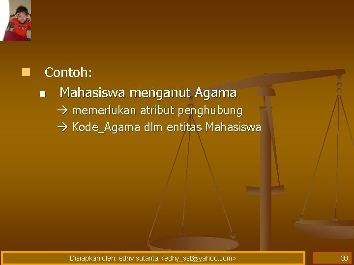 n Contoh: n Mahasiswa menganut Agama memerlukan atribut penghubung Kode_Agama dlm entitas Mahasiswa Disiapkan n Contoh: n Mahasiswa menganut Agama memerlukan atribut penghubung Kode_Agama dlm entitas Mahasiswa Disiapkan