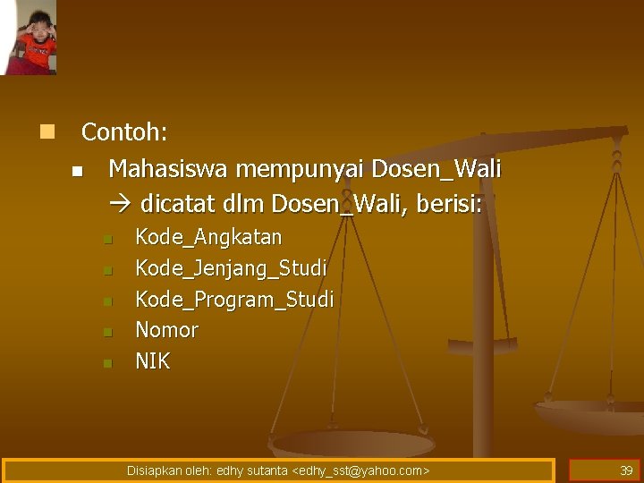 n Contoh: n Mahasiswa mempunyai Dosen_Wali dicatat dlm Dosen_Wali, berisi: n n n Kode_Angkatan n Contoh: n Mahasiswa mempunyai Dosen_Wali dicatat dlm Dosen_Wali, berisi: n n n Kode_Angkatan