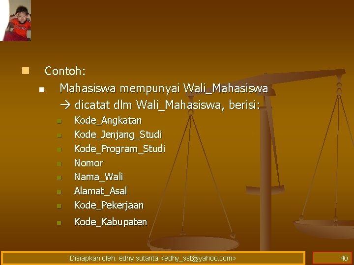 n Contoh: n Mahasiswa mempunyai Wali_Mahasiswa dicatat dlm Wali_Mahasiswa, berisi: n Kode_Angkatan Kode_Jenjang_Studi Kode_Program_Studi n Contoh: n Mahasiswa mempunyai Wali_Mahasiswa dicatat dlm Wali_Mahasiswa, berisi: n Kode_Angkatan Kode_Jenjang_Studi Kode_Program_Studi