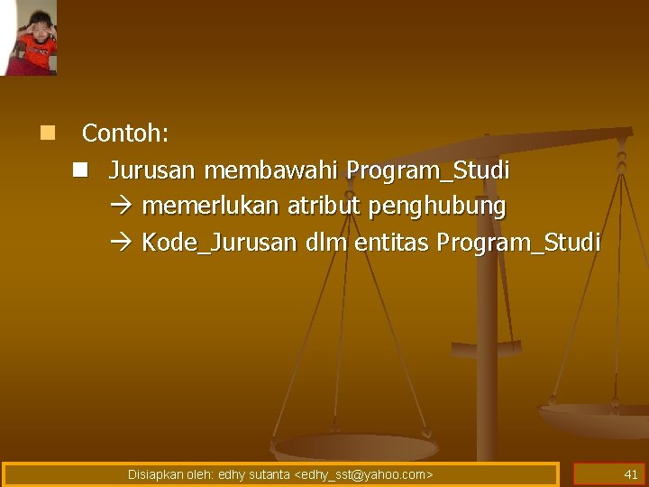 n Contoh: n Jurusan membawahi Program_Studi memerlukan atribut penghubung Kode_Jurusan dlm entitas Program_Studi Disiapkan n Contoh: n Jurusan membawahi Program_Studi memerlukan atribut penghubung Kode_Jurusan dlm entitas Program_Studi Disiapkan