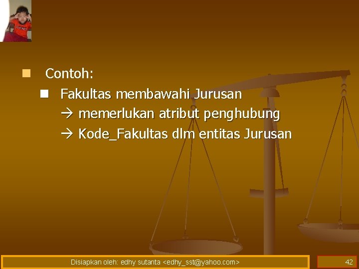 n Contoh: n Fakultas membawahi Jurusan memerlukan atribut penghubung Kode_Fakultas dlm entitas Jurusan Disiapkan n Contoh: n Fakultas membawahi Jurusan memerlukan atribut penghubung Kode_Fakultas dlm entitas Jurusan Disiapkan