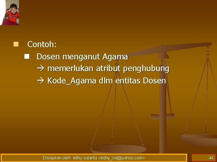 n Contoh: n Dosen menganut Agama memerlukan atribut penghubung Kode_Agama dlm entitas Dosen Disiapkan n Contoh: n Dosen menganut Agama memerlukan atribut penghubung Kode_Agama dlm entitas Dosen Disiapkan