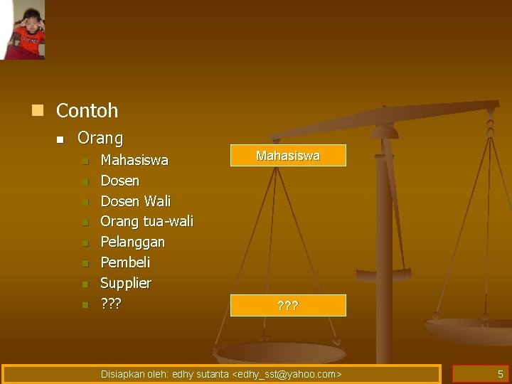 n Contoh n Orang n n n n Mahasiswa Dosen Wali Orang tua-wali Pelanggan n Contoh n Orang n n n n Mahasiswa Dosen Wali Orang tua-wali Pelanggan