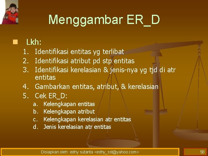 Menggambar ER_D n Lkh: 1. Identifikasi entitas yg terlibat 2. Identifikasi atribut pd stp Menggambar ER_D n Lkh: 1. Identifikasi entitas yg terlibat 2. Identifikasi atribut pd stp