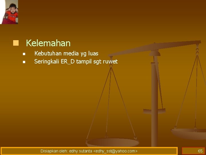 n Kelemahan n n Kebutuhan media yg luas Seringkali ER_D tampil sgt ruwet Disiapkan n Kelemahan n n Kebutuhan media yg luas Seringkali ER_D tampil sgt ruwet Disiapkan