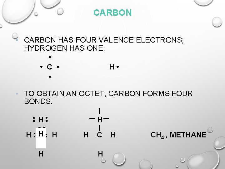 CARBON • CARBON HAS FOUR VALENCE ELECTRONS; HYDROGEN HAS ONE. • • C •