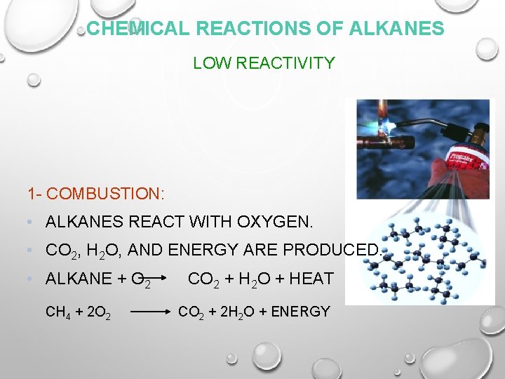 CHEMICAL REACTIONS OF ALKANES LOW REACTIVITY 1 - COMBUSTION: • ALKANES REACT WITH OXYGEN.