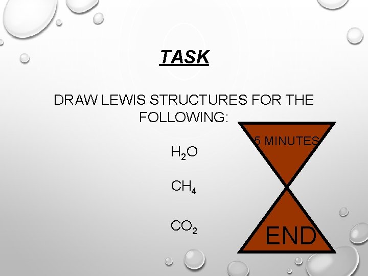 TASK DRAW LEWIS STRUCTURES FOR THE FOLLOWING: H 2 O 5 MINUTES CH 4