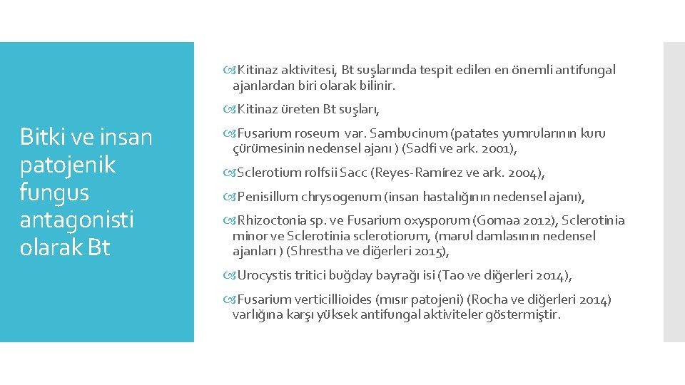  Kitinaz aktivitesi, Bt suşlarında tespit edilen en önemli antifungal ajanlardan biri olarak bilinir.