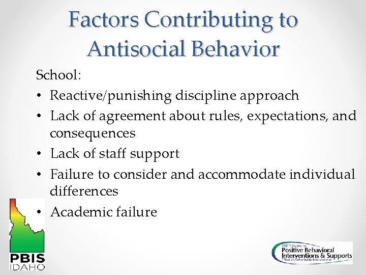 Factors Contributing to Antisocial Behavior School: • Reactive/punishing discipline approach • Lack of agreement