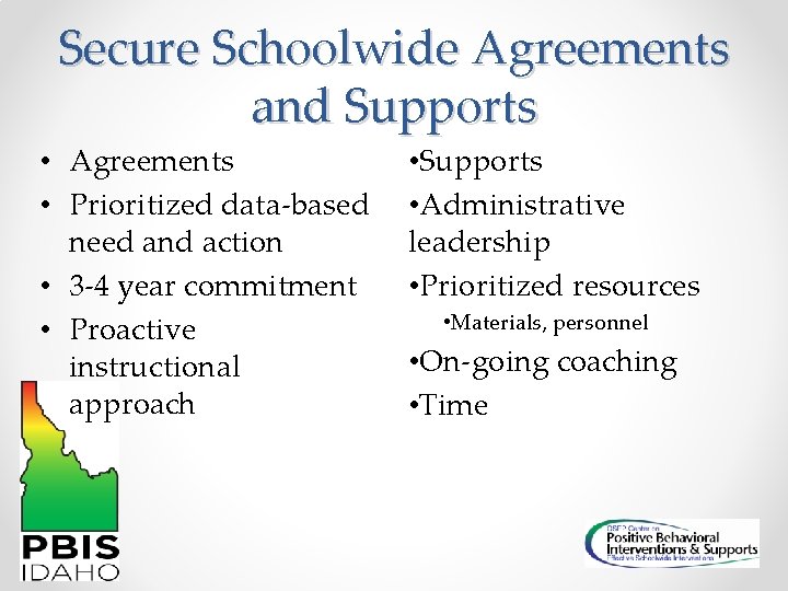 Secure Schoolwide Agreements and Supports • Agreements • Prioritized data-based need and action •