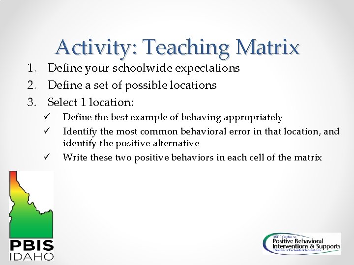 Activity: Teaching Matrix 1. Define your schoolwide expectations 2. Define a set of possible