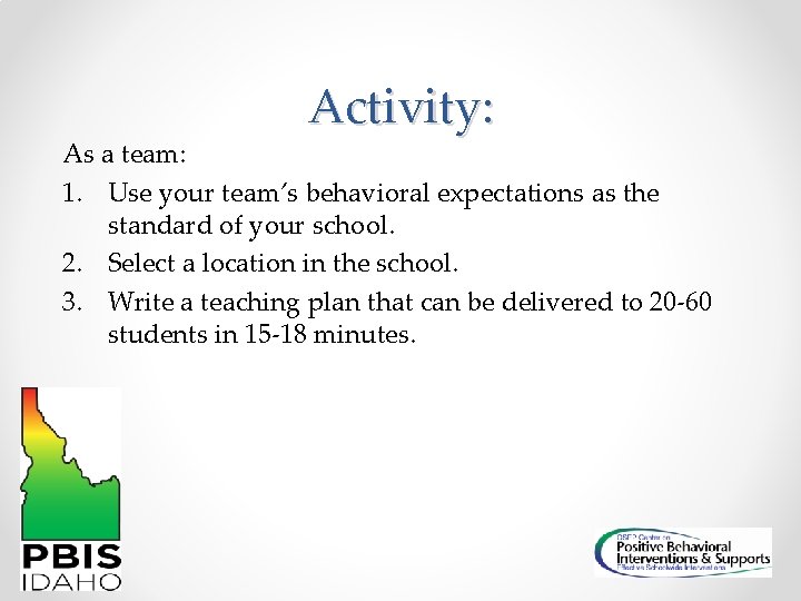 Activity: As a team: 1. Use your team’s behavioral expectations as the standard of