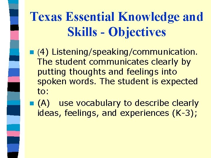 Texas Essential Knowledge and Skills - Objectives (4) Listening/speaking/communication. The student communicates clearly by