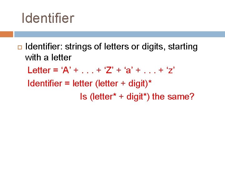 Identifier Identifier: strings of letters or digits, starting with a letter Letter = ‘A’