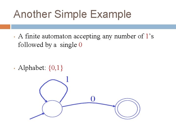 Another Simple Example • • A finite automaton accepting any number of 1’s followed