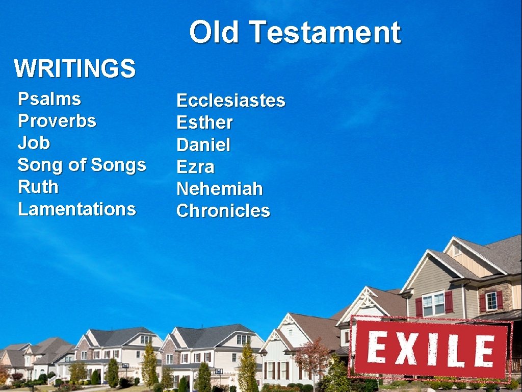 Old Testament WRITINGS Psalms Proverbs Job Song of Songs Ruth Lamentations Ecclesiastes Esther Daniel