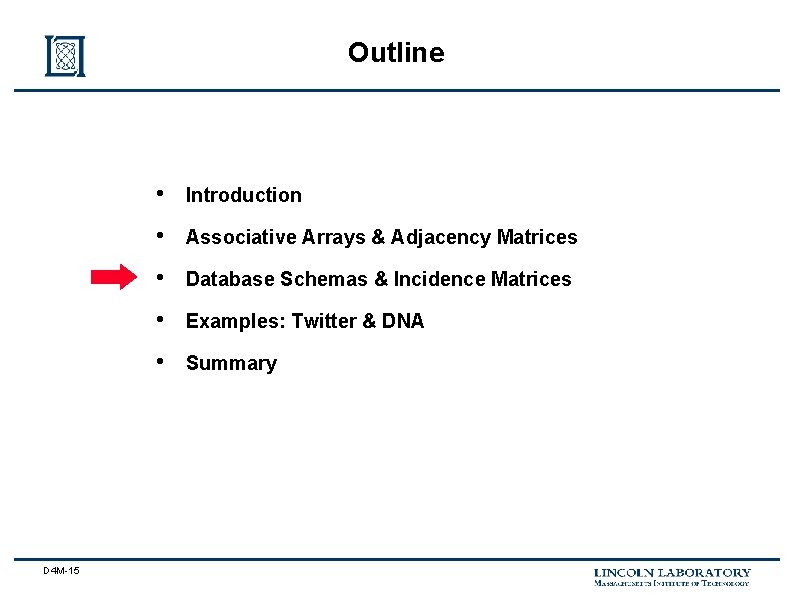 Outline D 4 M-15 • Introduction • Associative Arrays & Adjacency Matrices • Database