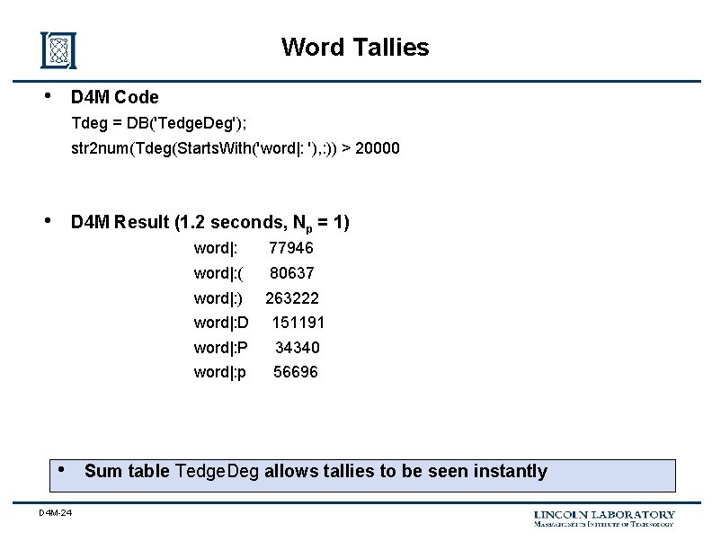 Word Tallies • D 4 M Code Tdeg = DB('Tedge. Deg'); str 2 num(Tdeg(Starts.