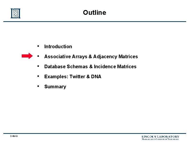 Outline D 4 M-9 • Introduction • Associative Arrays & Adjacency Matrices • Database
