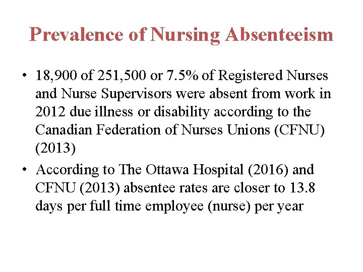 Prevalence of Nursing Absenteeism • 18, 900 of 251, 500 or 7. 5% of