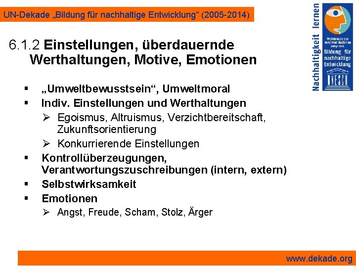 UN-Dekade „Bildung für nachhaltige Entwicklung“ (2005 -2014) 6. 1. 2 Einstellungen, überdauernde Werthaltungen, Motive,