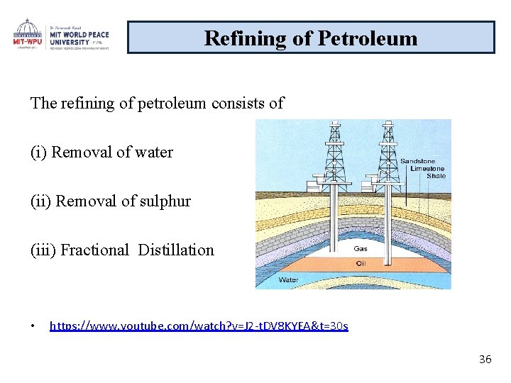 Refining of Petroleum The refining of petroleum consists of (i) Removal of water (ii)