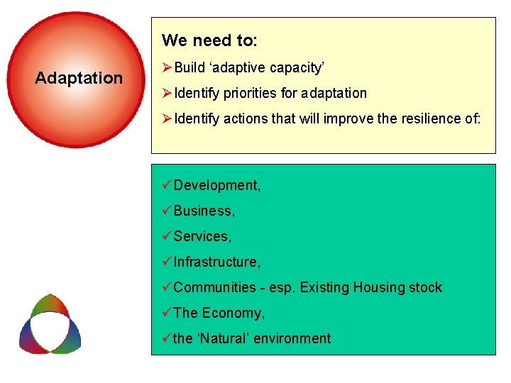 We need to: Adaptation ØBuild ‘adaptive capacity’ ØIdentify priorities for adaptation ØIdentify actions that