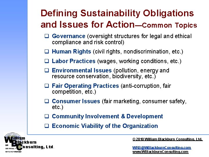Defining Sustainability Obligations and Issues for Action—Common Topics q Governance (oversight structures for legal Defining Sustainability Obligations and Issues for Action—Common Topics q Governance (oversight structures for legal
