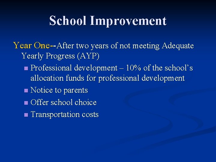 School Improvement Year One--After two years of not meeting Adequate Yearly Progress (AYP) n