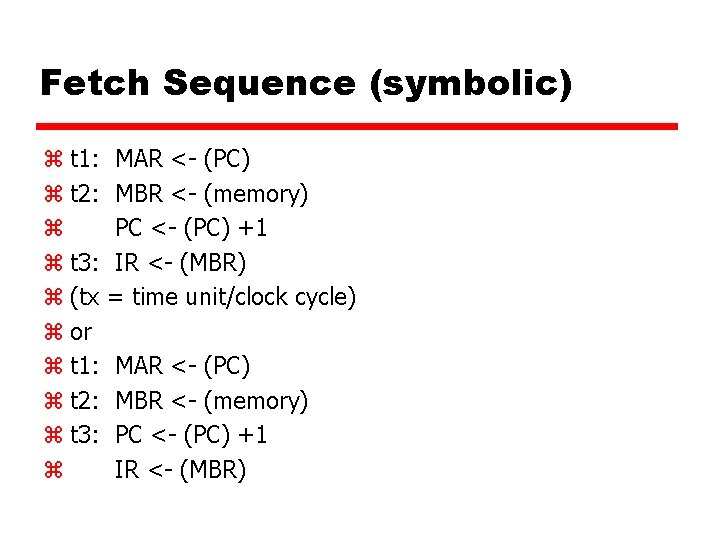 Fetch Sequence (symbolic) z t 1: MAR <- (PC) z t 2: MBR <-